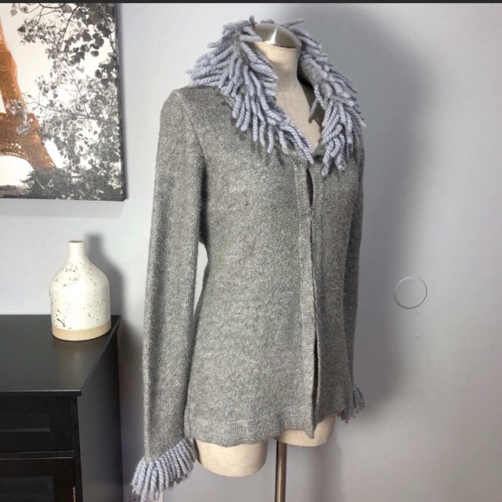 Free People ❤️ Grey Fringe Cardigan Sweater Large - Picture 2 of 4